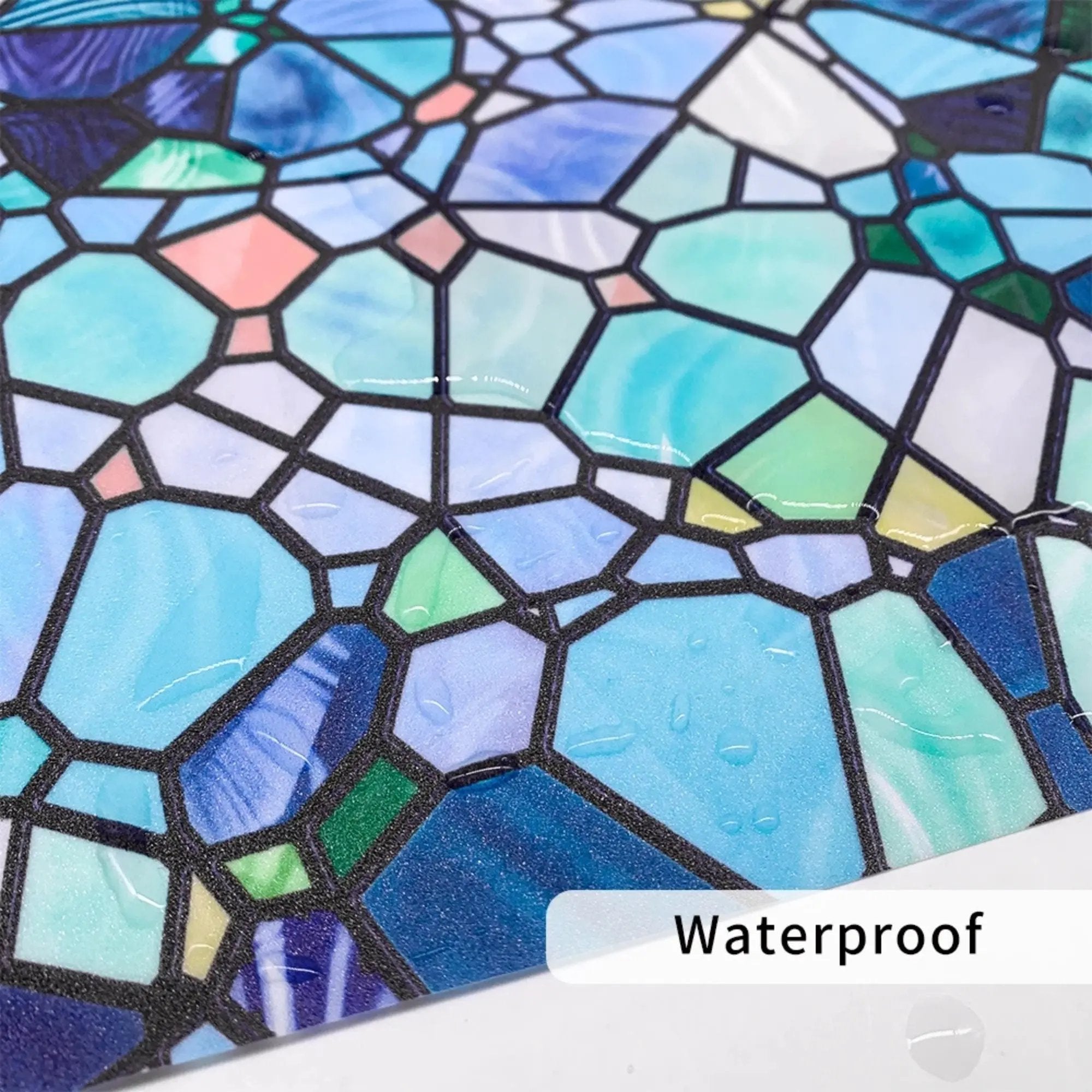 Blue Cobblestones Window Privacy Film, Stained Glass Treatment Film, Non-Sticky Static Cling Self-Adhesive, Glass Decals Stickers for Home - IconiQa