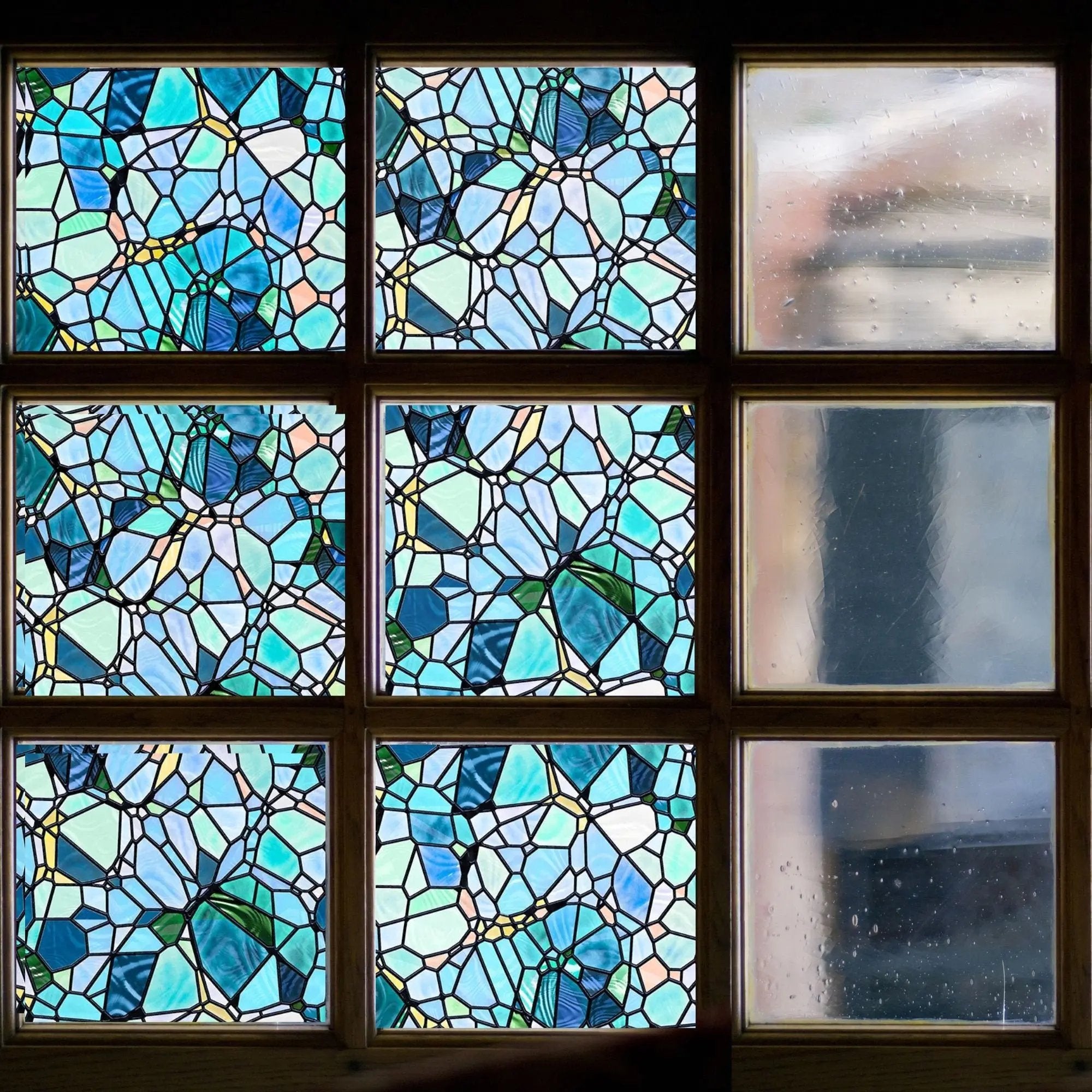 Blue Cobblestones Window Privacy Film, Stained Glass Treatment Film, Non-Sticky Static Cling Self-Adhesive, Glass Decals Stickers for Home - IconiQa