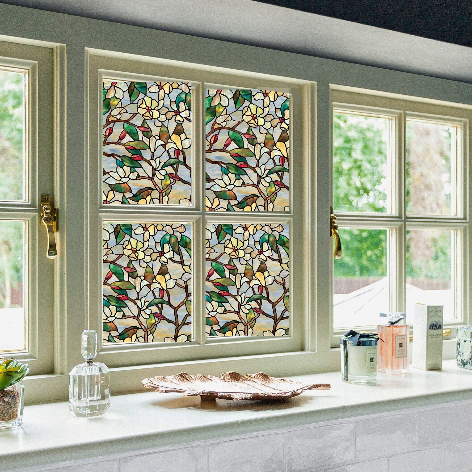 Magnolia Decorative Privacy Window Film, Stained Glass Treatment Film, Non Sticky Static Cling Adhesive Sticker, Anti UV Heat Control Decal