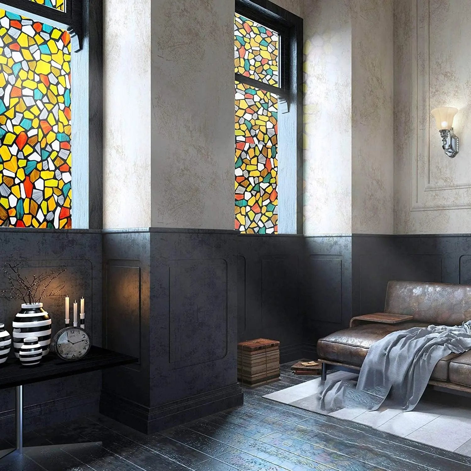 Stained Glass Privacy Window Film, Privacy Door Static Cling Decal, Decorative Adhesive Film, Removable Window Sticker, Glass Vinyl for Home - IconiQa