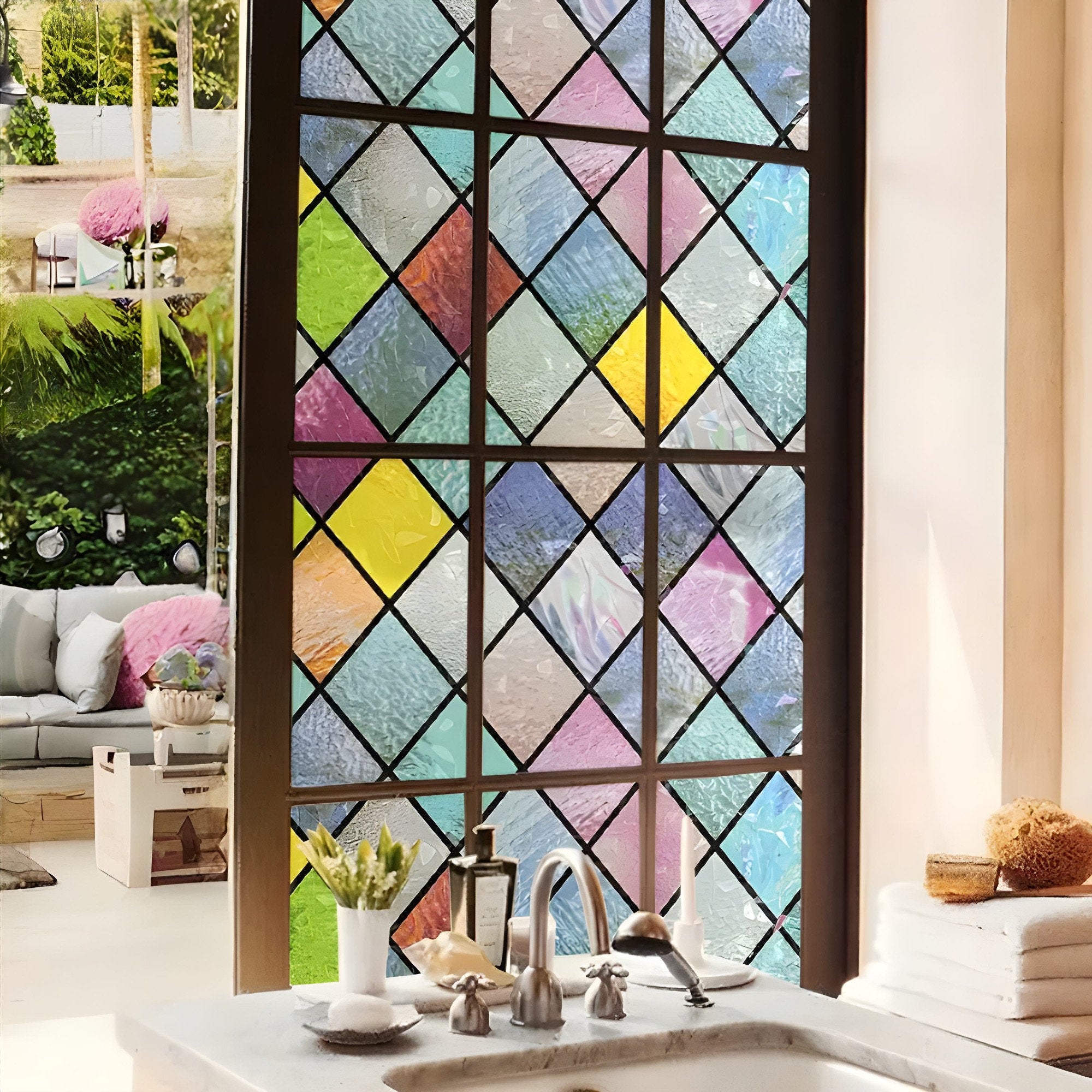 Colorful Lattice Window Film, Stained Glass Treatment Film, Non-Sticky, Static Cling, Rainbow Glass Decals Stickers for Home Anti UV