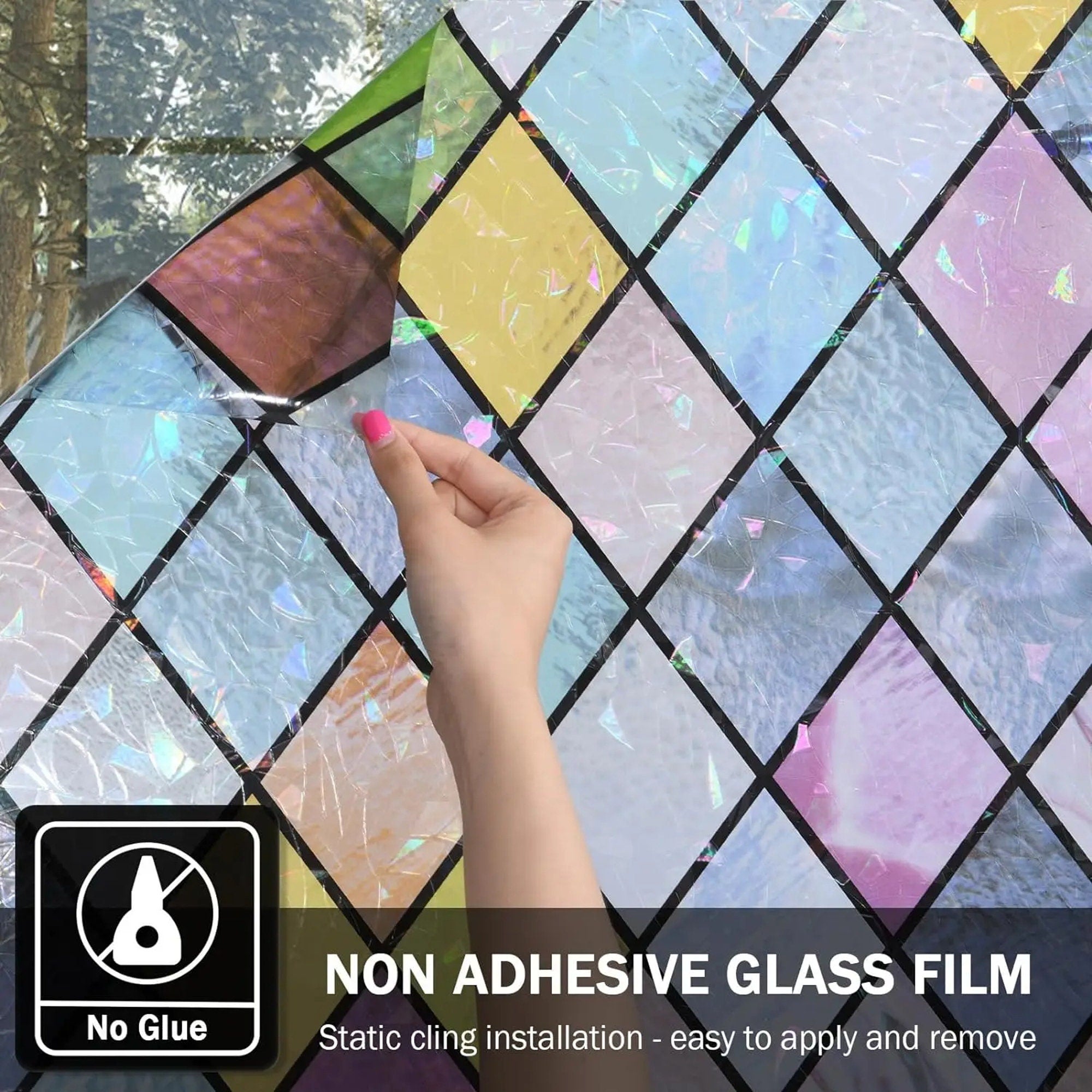 Colorful Lattice Window Film, Stained Glass Treatment Film, Non-Sticky, Static Cling, Rainbow Glass Decals Stickers for Home Anti UV