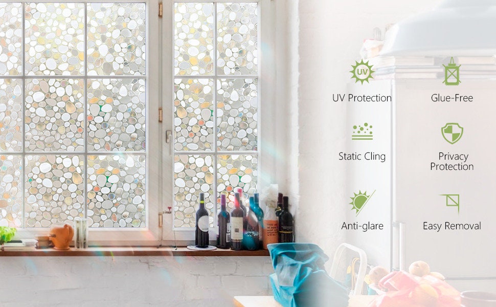 Rainbow Decorative Window Privacy Film, Non Sticky Static Cling Adhesive, Glass Sticker for Anti UV Heat Control Decal