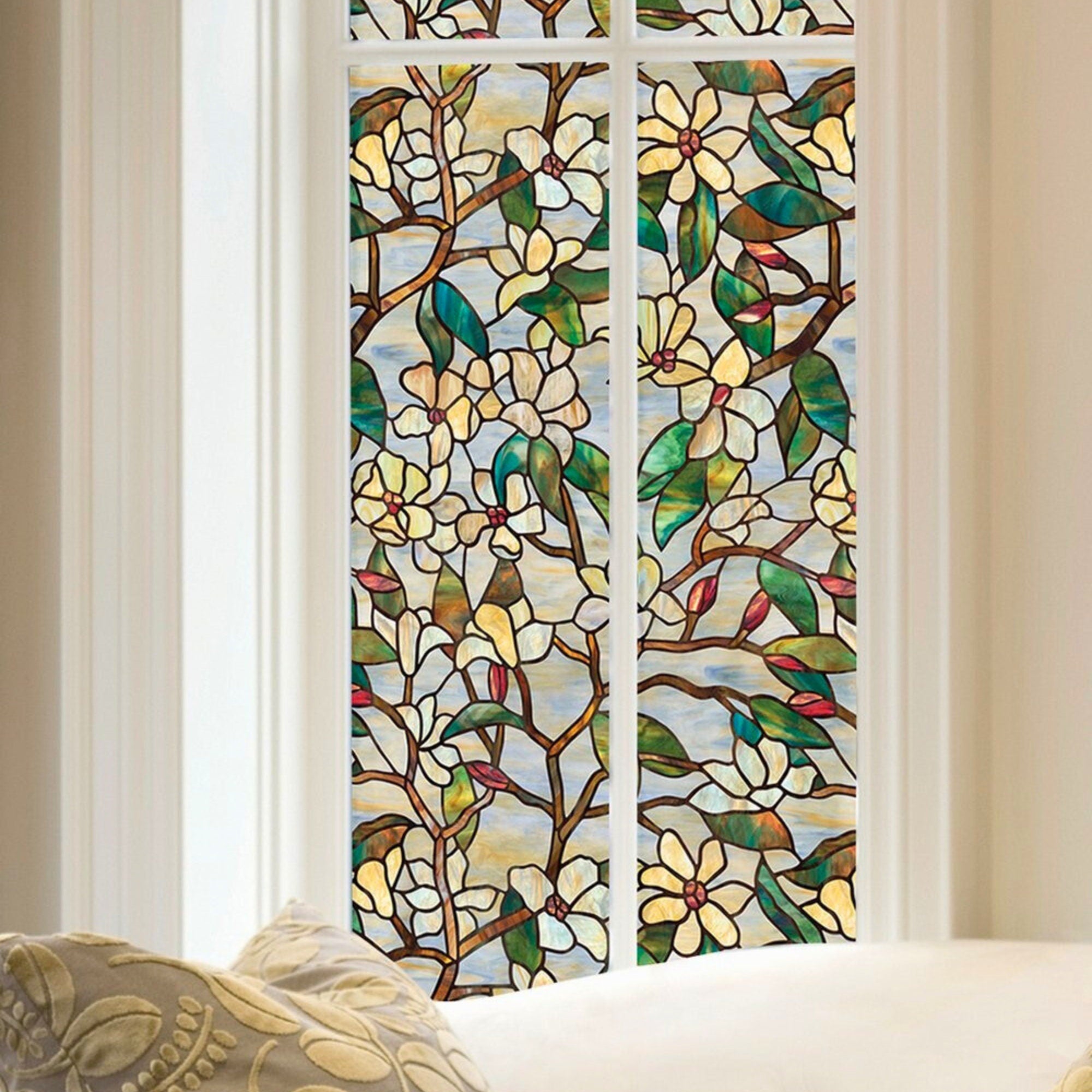 Magnolia Decorative Privacy Window Film, Stained Glass Treatment Film, Non Sticky Static Cling Adhesive Sticker, Anti UV Heat Control Decal