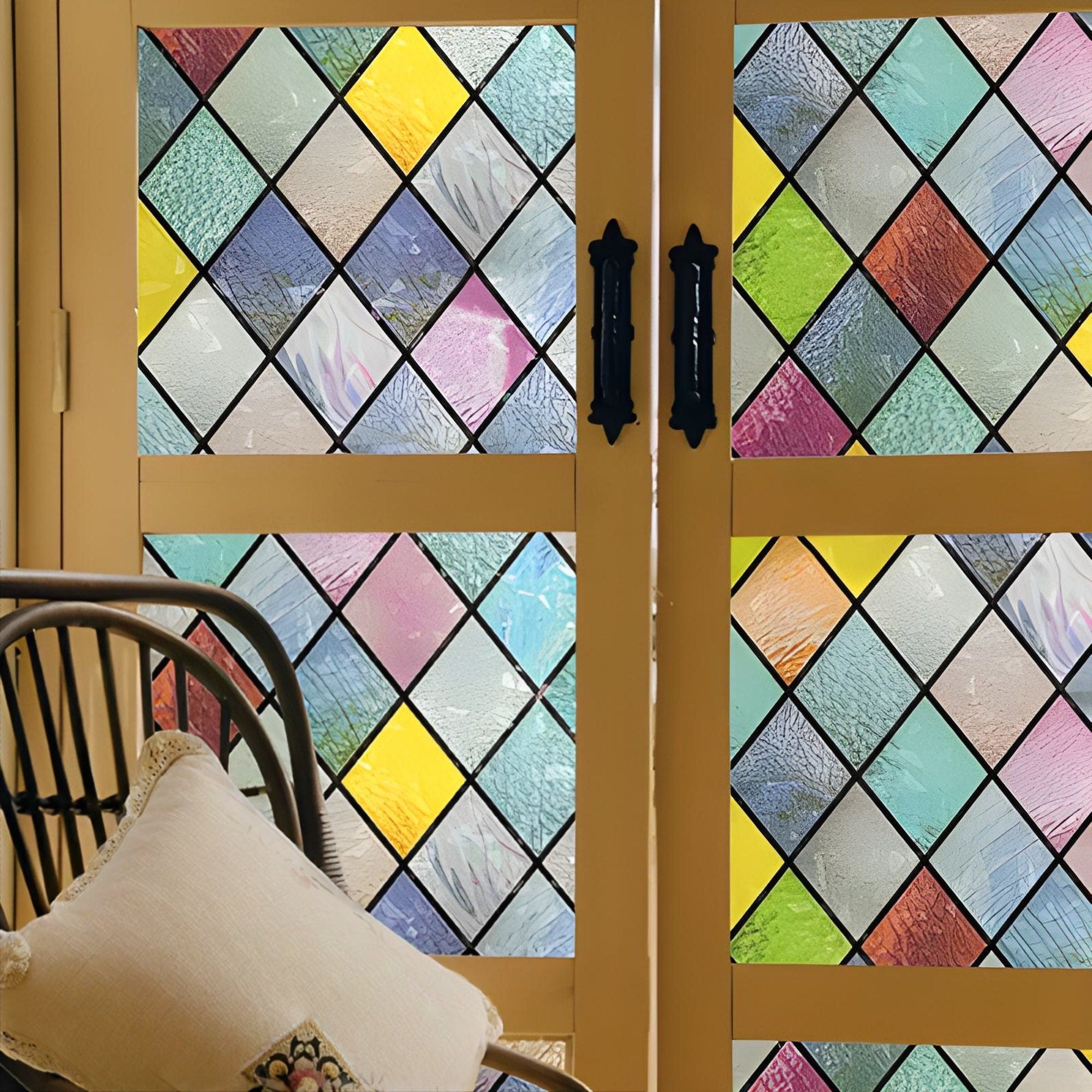 Colorful Lattice Window Film, Stained Glass Treatment Film, Non-Sticky, Static Cling, Rainbow Glass Decals Stickers for Home Anti UV