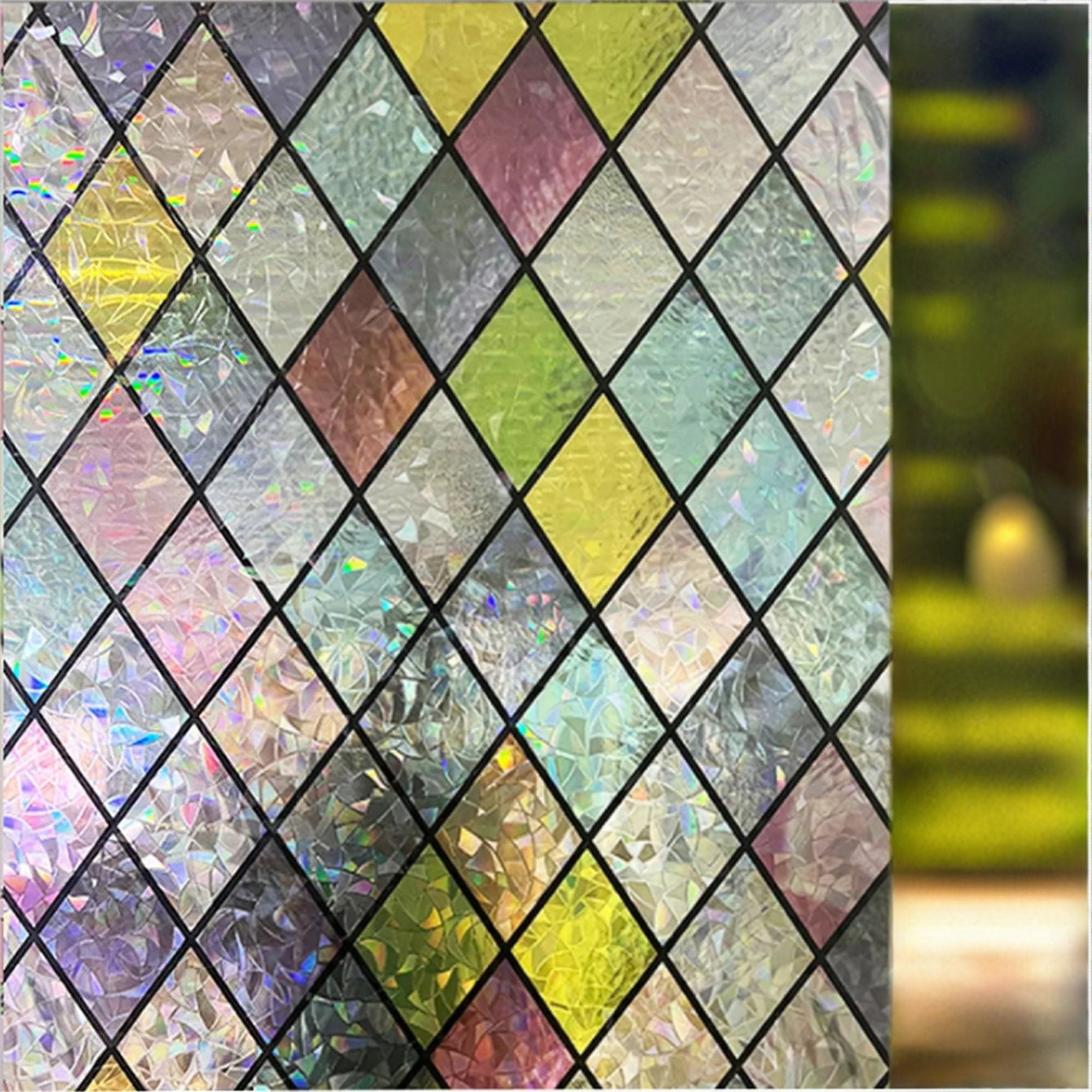 Colorful Lattice Window Film, Stained Glass Treatment Film, Non-Sticky, Static Cling, Rainbow Glass Decals Stickers for Home Anti UV