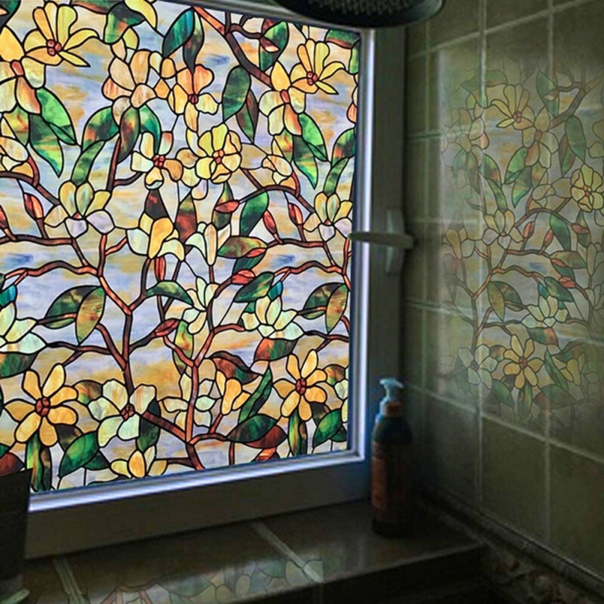 Magnolia Decorative Privacy Window Film, Stained Glass Treatment Film, Non Sticky Static Cling Adhesive Sticker, Anti UV Heat Control Decal
