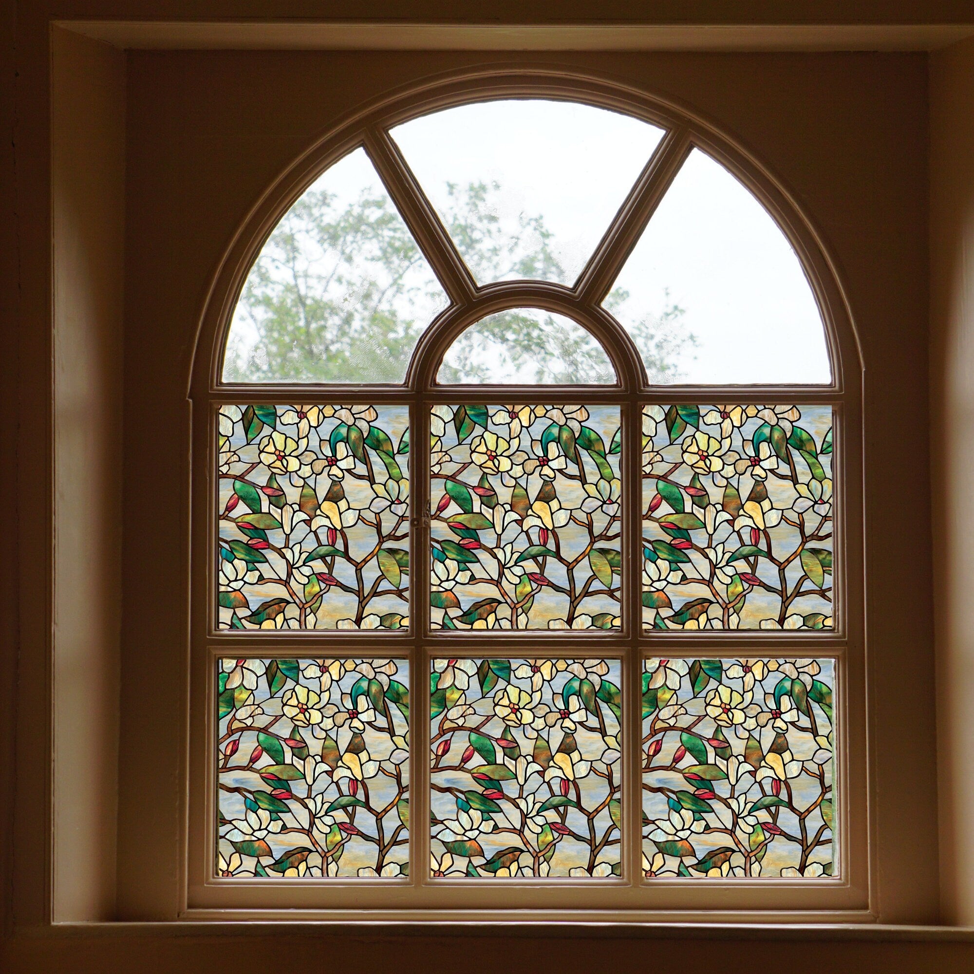 Magnolia Decorative Privacy Window Film, Stained Glass Treatment Film, Non Sticky Static Cling Adhesive Sticker, Anti UV Heat Control Decal