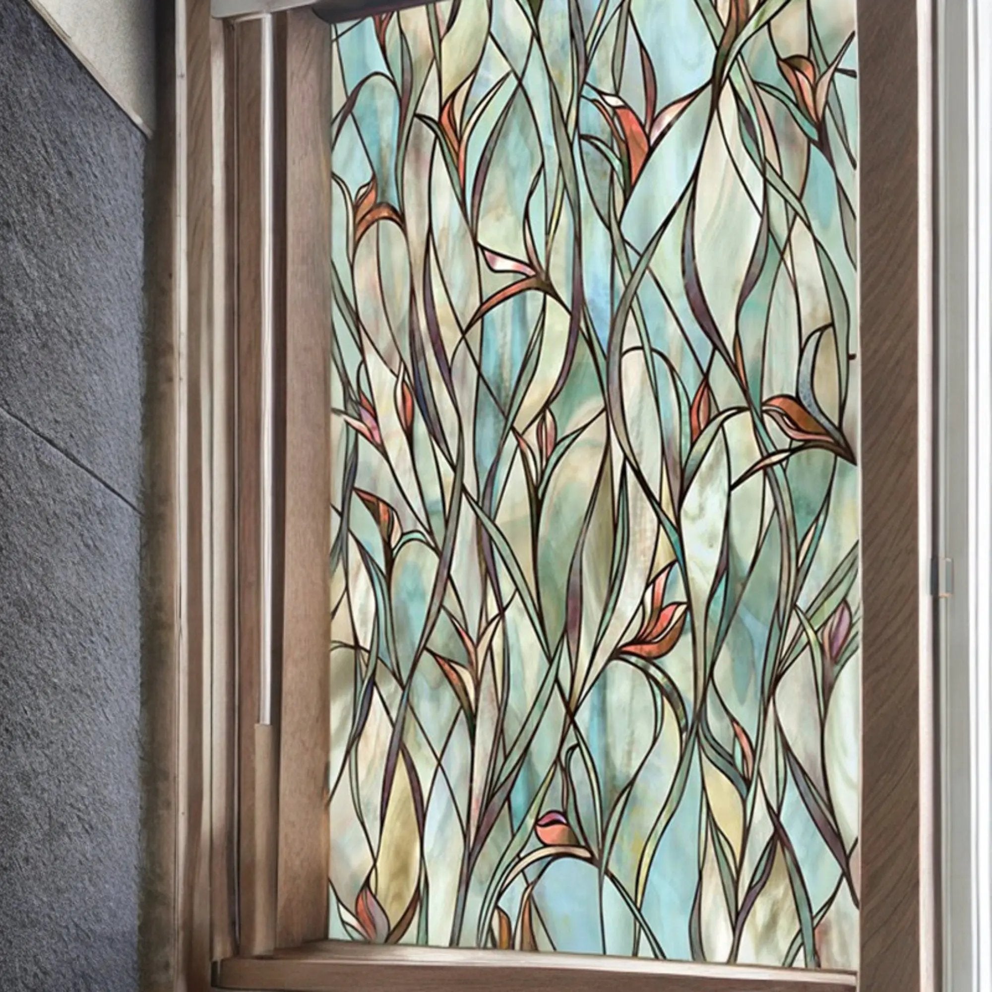Green Leafy Flower Pattern Privacy Window Film, Non Sticky Static Cling Adhesive, Reusable Glass Sticker for Anti UV Heat Control Decal - IconiQa
