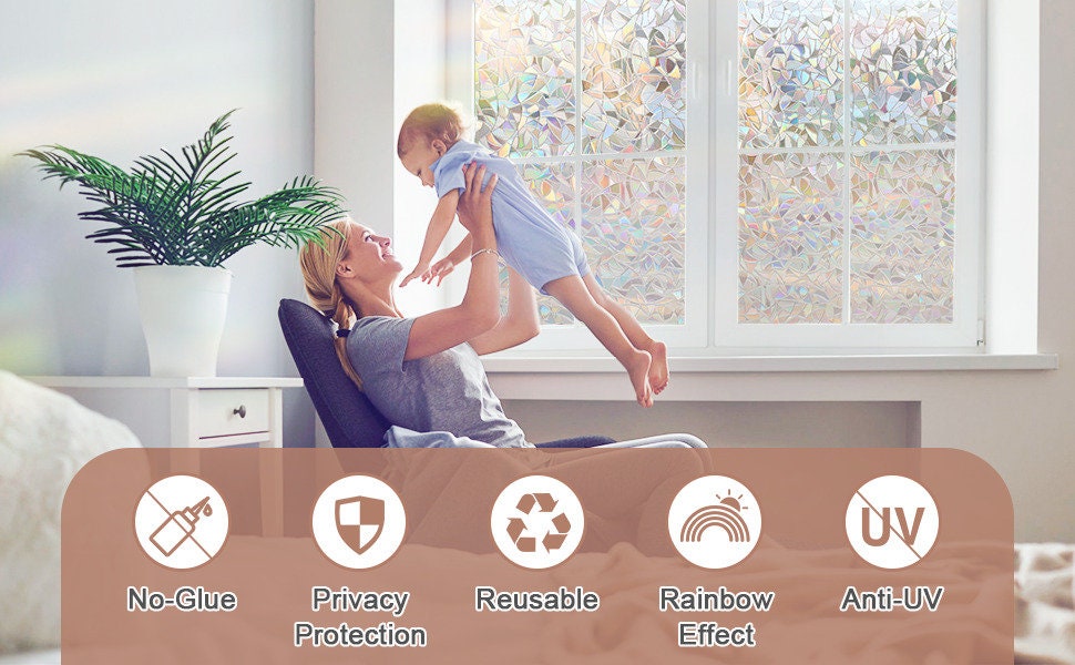 Rainbow Decorative Window Privacy Film, Non Sticky Static Cling Adhesive, Glass Sticker for Anti UV Heat Control Decal