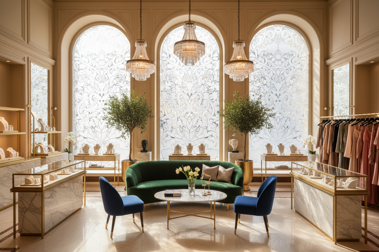 Luxury boutique interior with decorative frosted window film providing privacy and style