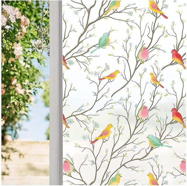 Privacy Window Film Opaque Non-Adhesive Bird Decals Decorative Glass Covering Static Cling Tint Frosted Window Stickers for Home Office