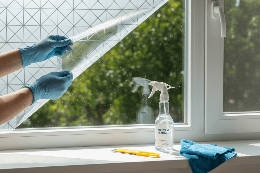 Hands wearing gloves removing window film from glass with adhesive remover and microfiber cloth
