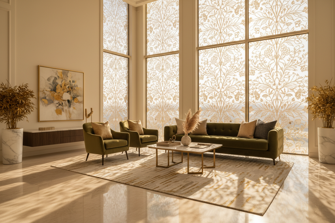 Decorative window film installed on large arched windows in elegant boutique interior