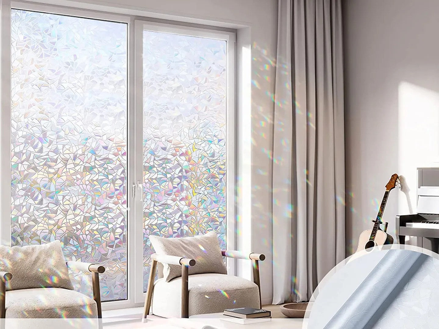Rainbow window film refracting sunlight into colorful patterns across a modern interior — IconiQa decorative film collection