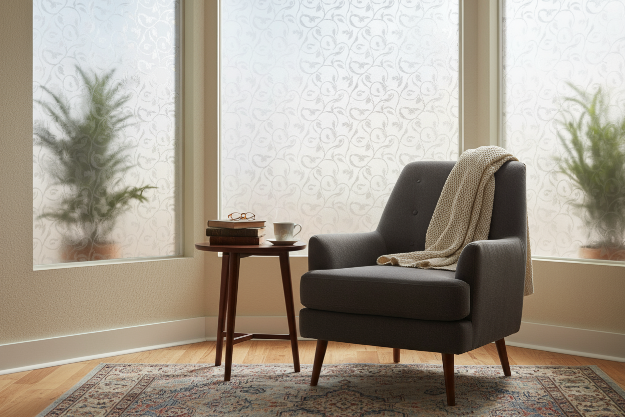 Frosted window film on office glass door creating soft light diffusion and privacy — IconiQa decorative collection