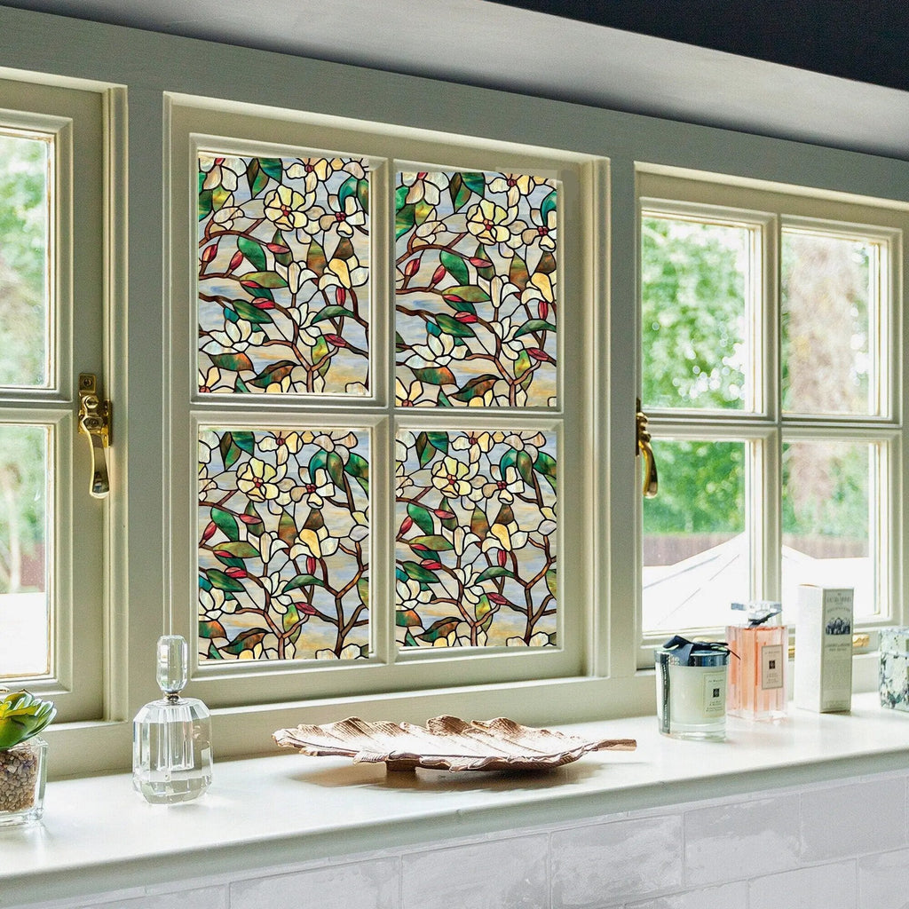 Magnolia Decorative Privacy Window Film, Stained Glass Treatment Film, Non Sticky Static Cling Adhesive Sticker, Anti UV Heat Control Decal - IconiQa