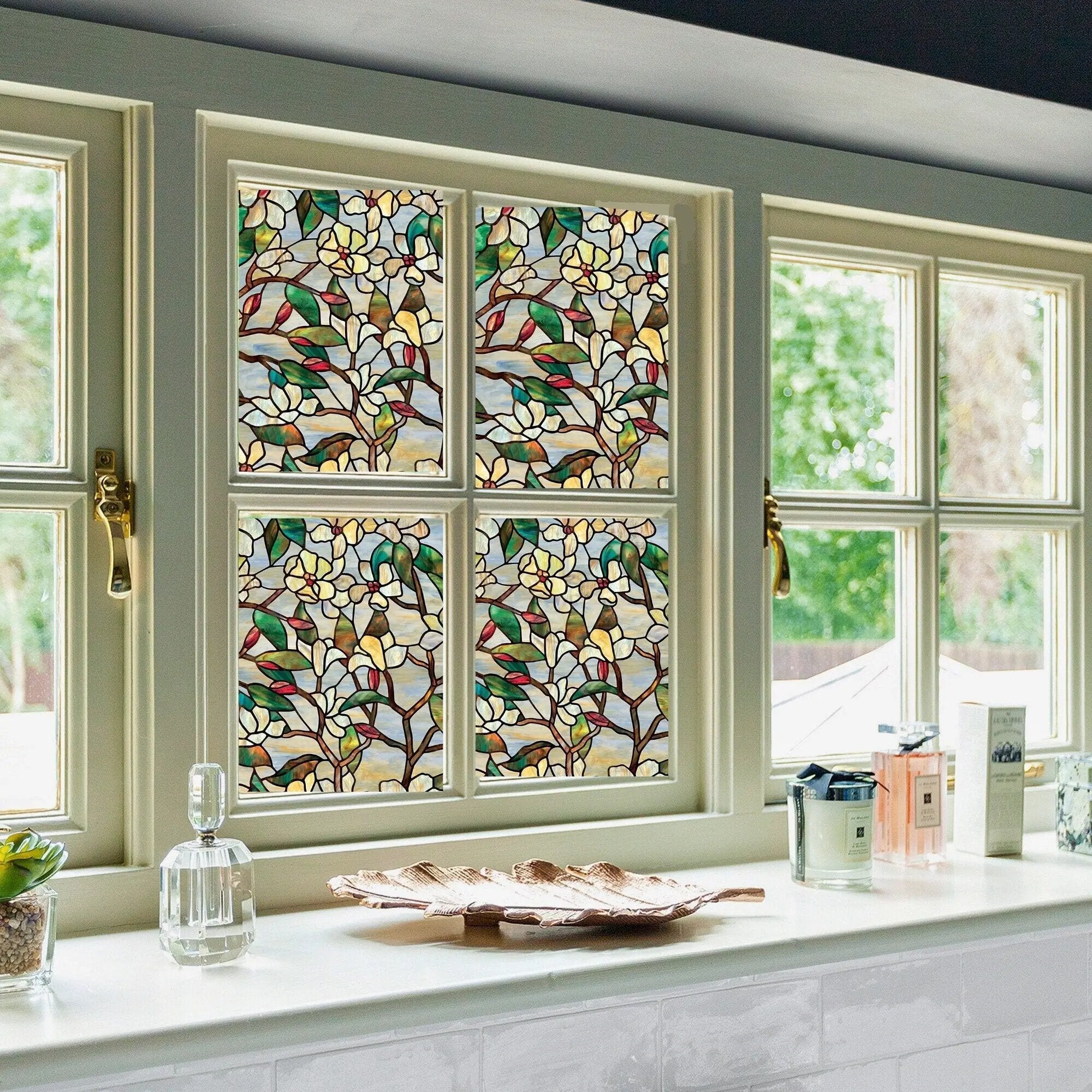 Magnolia Decorative Privacy Window Film, Stained Glass Treatment Film, Non Sticky Static Cling Adhesive Sticker, Anti UV Heat Control Decal
