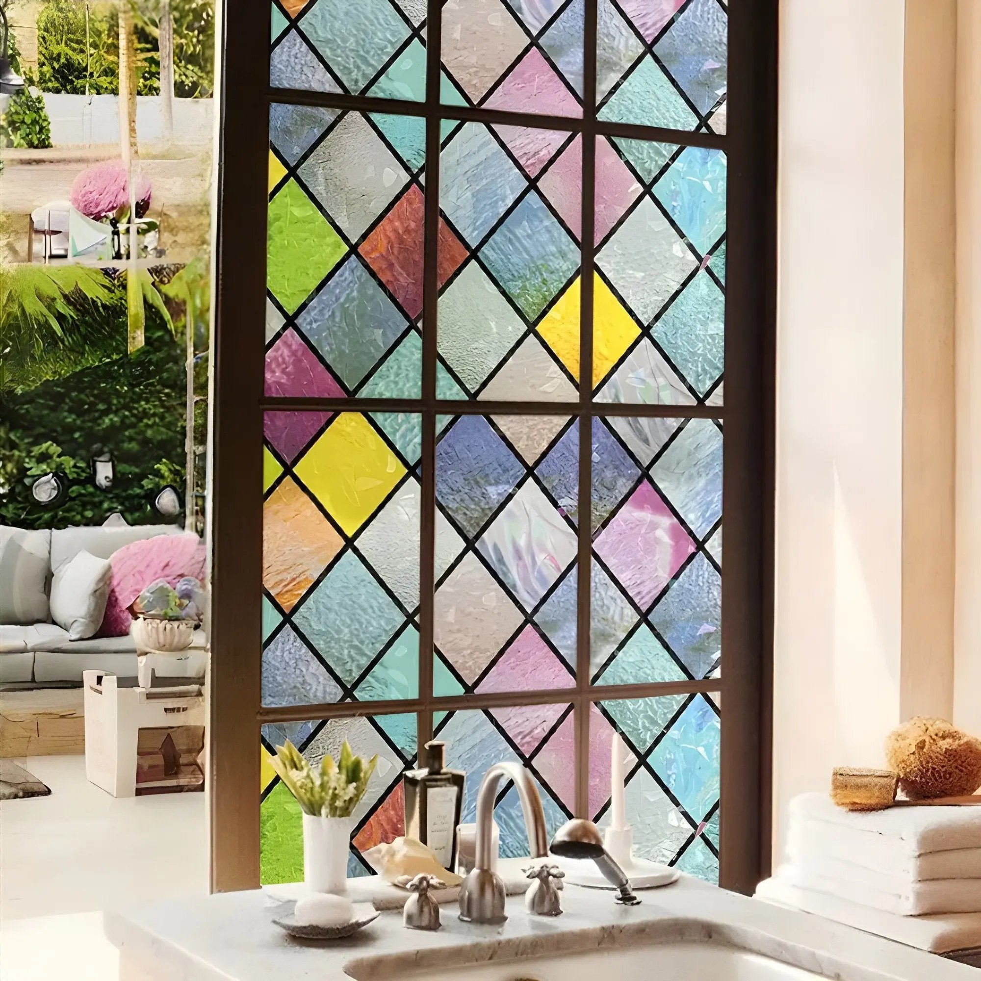 Colorful Lattice Window Film, Stained Glass Treatment Film, Non-Sticky, Static Cling, Rainbow Glass Decals Stickers for Home Anti UV