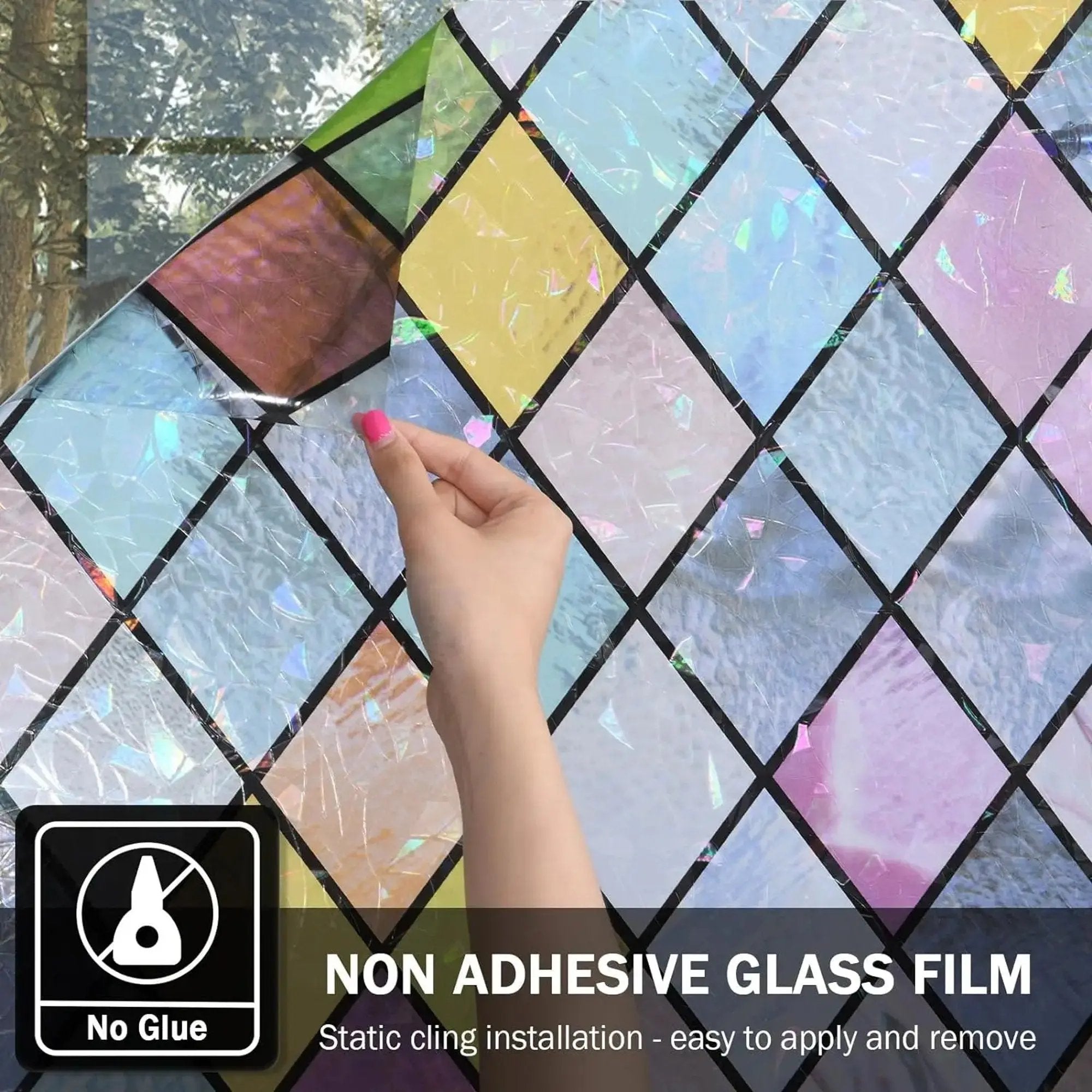 Colorful Lattice Window Film, Stained Glass Treatment Film, Non-Sticky, Static Cling, Rainbow Glass Decals Stickers for Home Anti UV