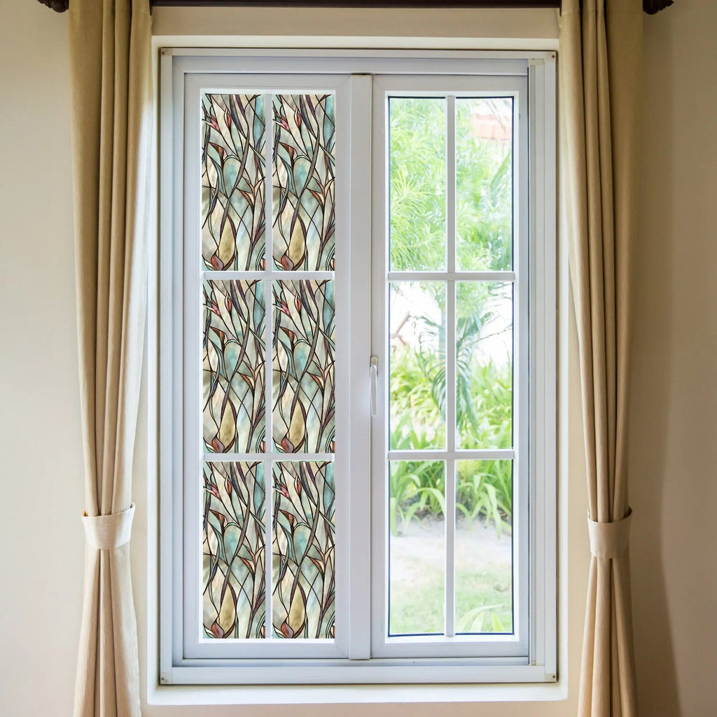 Green Leafy Flower Pattern Privacy Window Film, Non Sticky Static Cling Adhesive, Reusable Glass Sticker for Anti UV Heat Control Decal - IconiQa