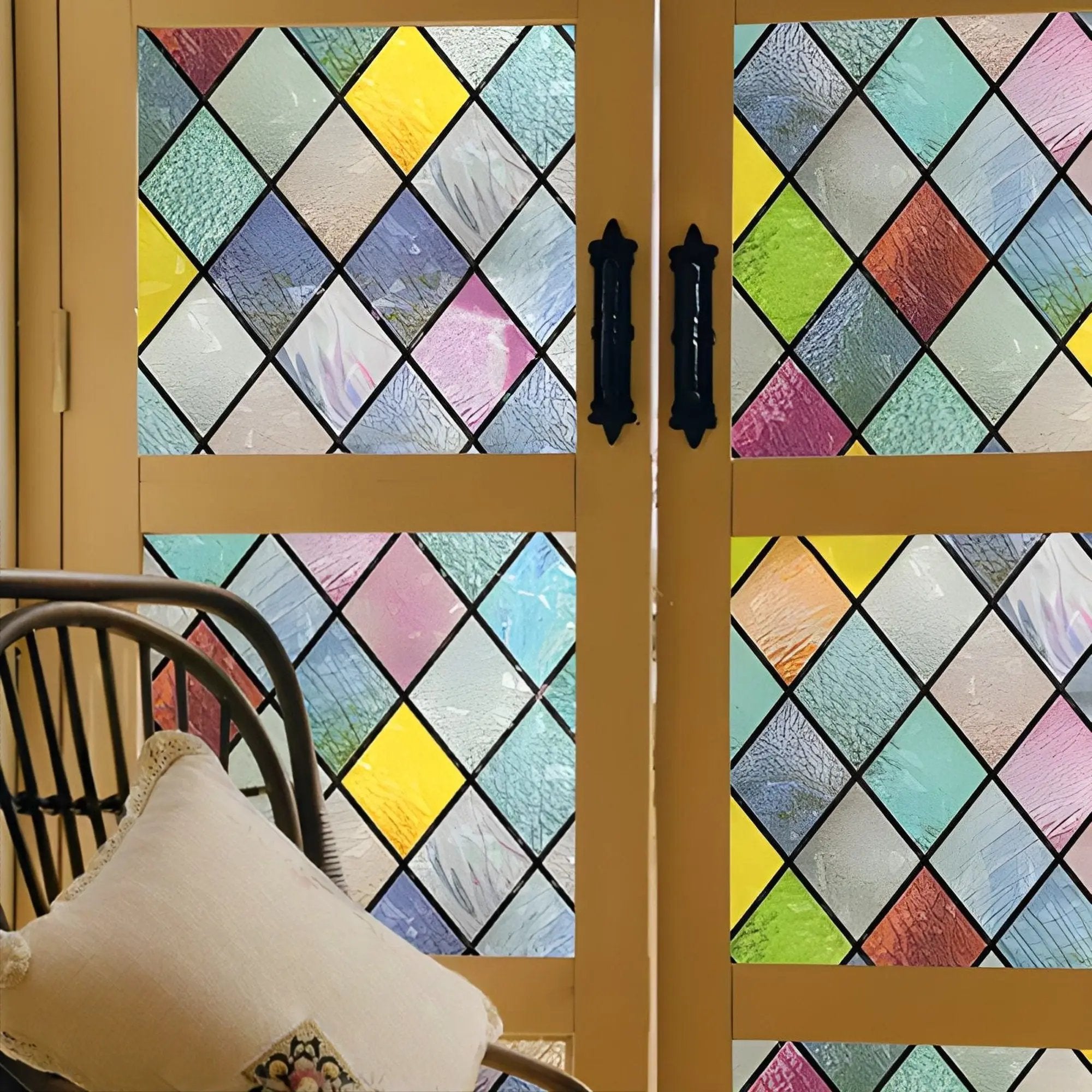 Colorful Lattice Window Film, Stained Glass Treatment Film, Non-Sticky, Static Cling, Rainbow Glass Decals Stickers for Home Anti UV