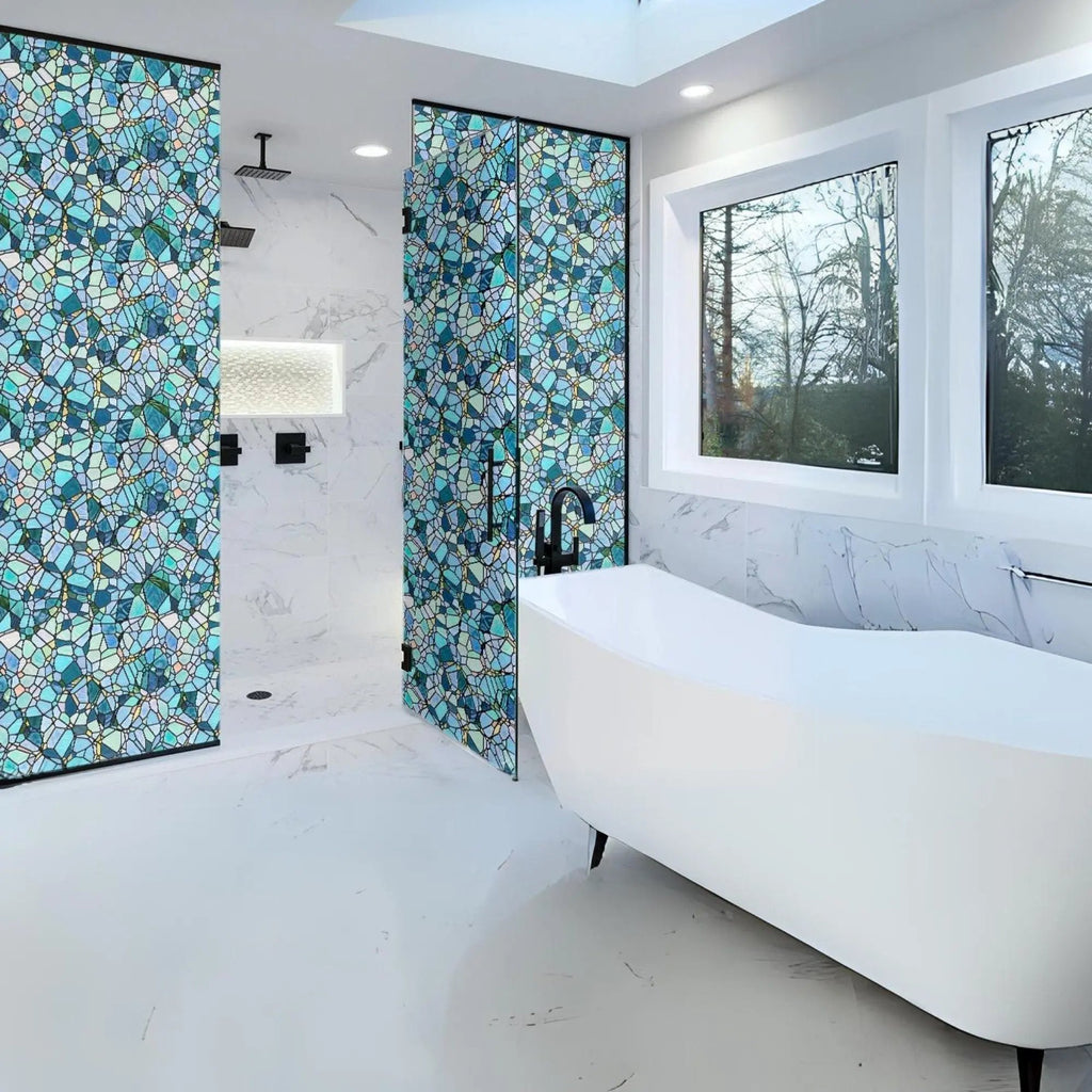 Blue Cobblestones Window Privacy Film, Stained Glass Treatment Film, Non-Sticky Static Cling Self-Adhesive, Glass Decals Stickers for Home - IconiQa