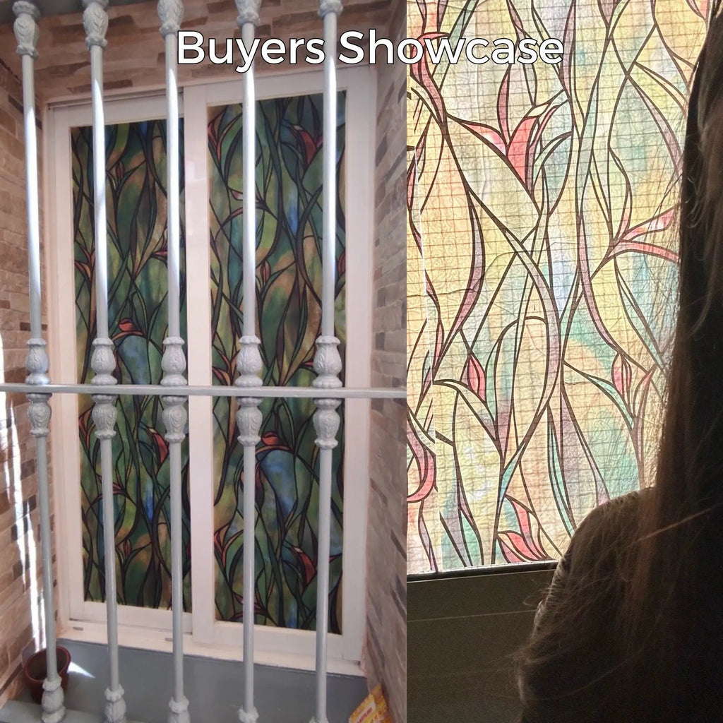 Green Leafy Flower Pattern Privacy Window Film, Non Sticky Static Cling Adhesive, Reusable Glass Sticker for Anti UV Heat Control Decal - IconiQa