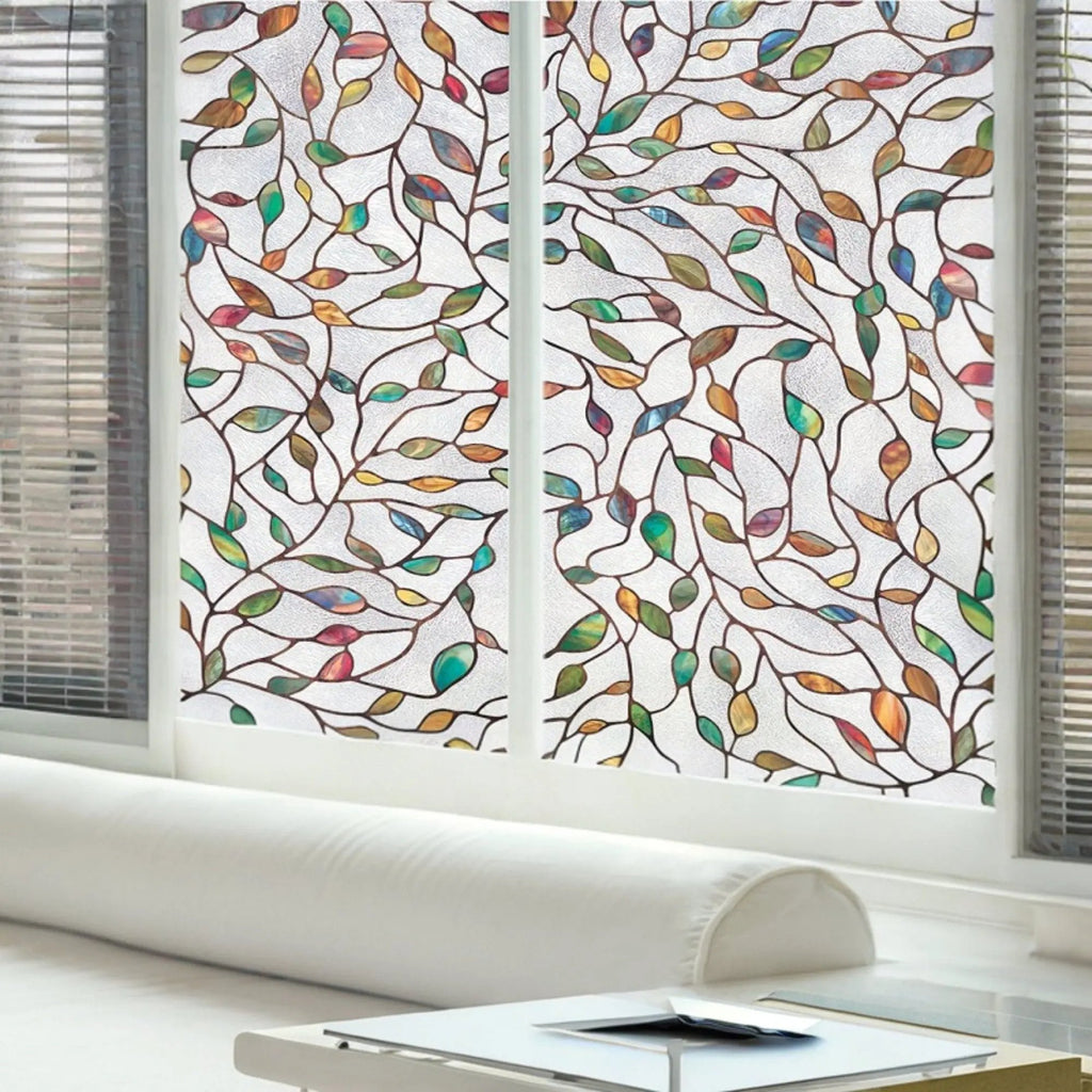Leaves Stained Glass Window Film, Privacy Window Sticker, Decorative Window Cling, Self Adhesive Frosted Window Vinyl, Window Decals - IconiQa