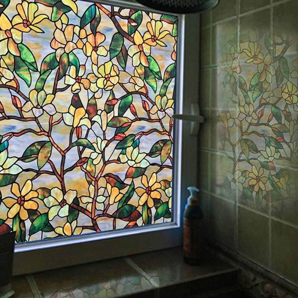 Magnolia Decorative Privacy Window Film, Stained Glass Treatment Film, Non Sticky Static Cling Adhesive Sticker, Anti UV Heat Control Decal - IconiQa