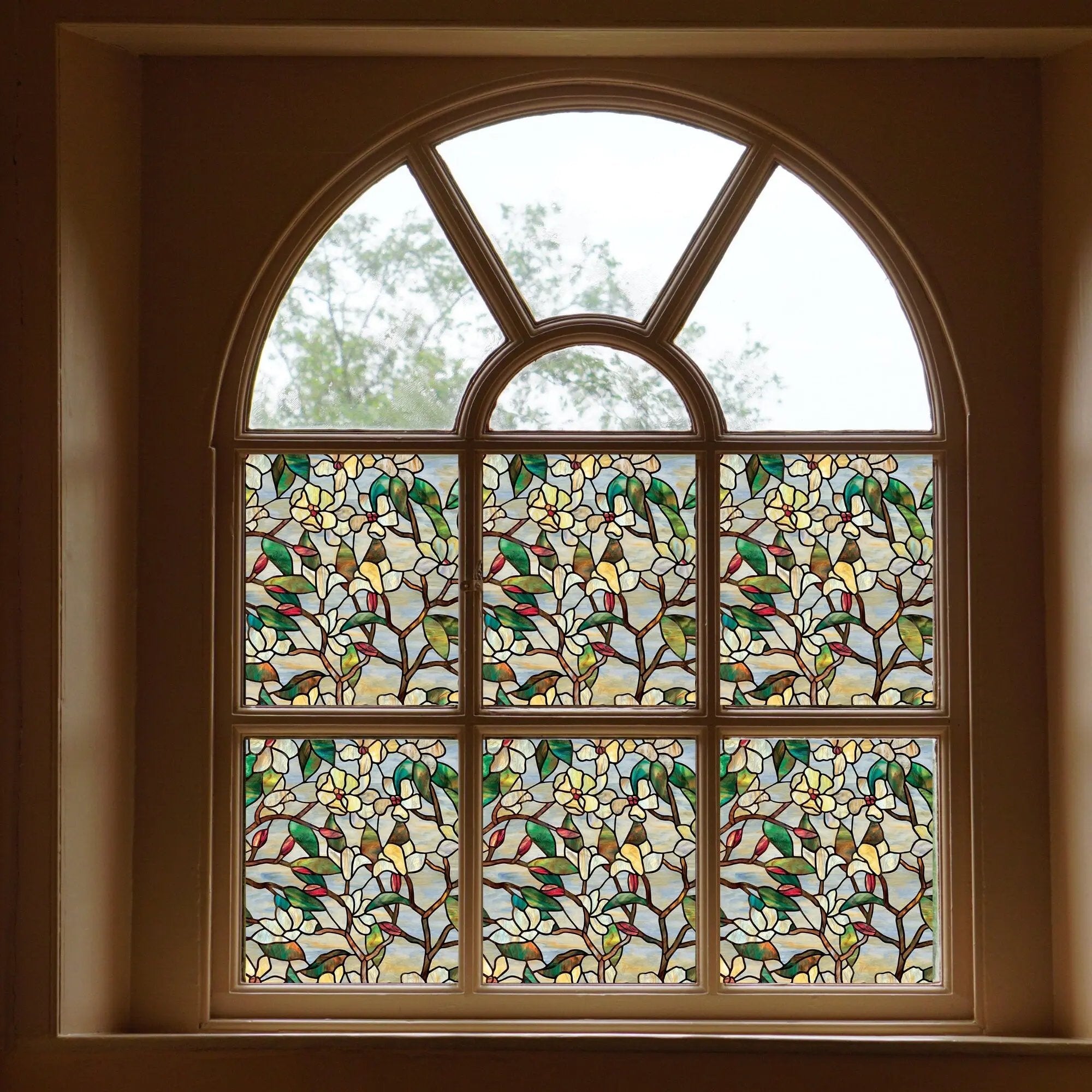Magnolia Decorative Privacy Window Film, Stained Glass Treatment Film, Non Sticky Static Cling Adhesive Sticker, Anti UV Heat Control Decal