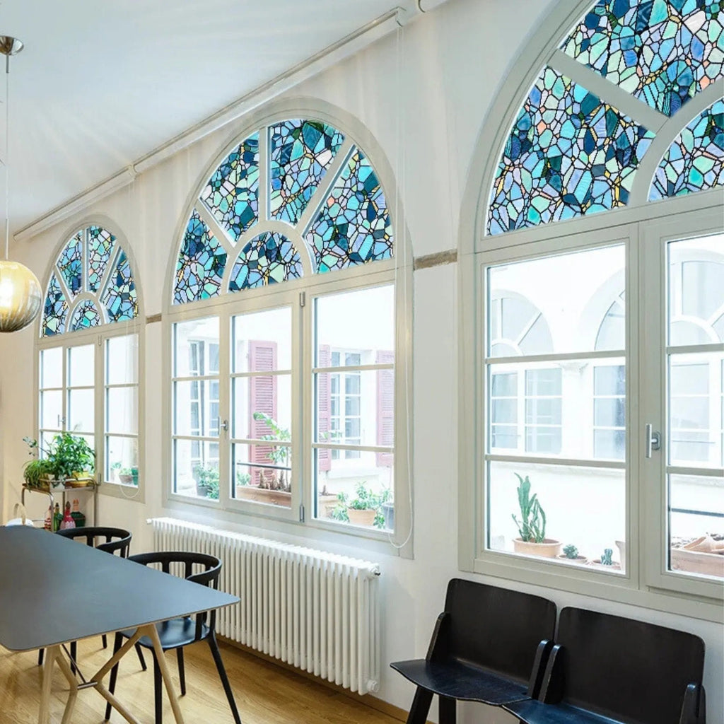 Blue Cobblestones Window Privacy Film, Stained Glass Treatment Film, Non-Sticky Static Cling Self-Adhesive, Glass Decals Stickers for Home - IconiQa