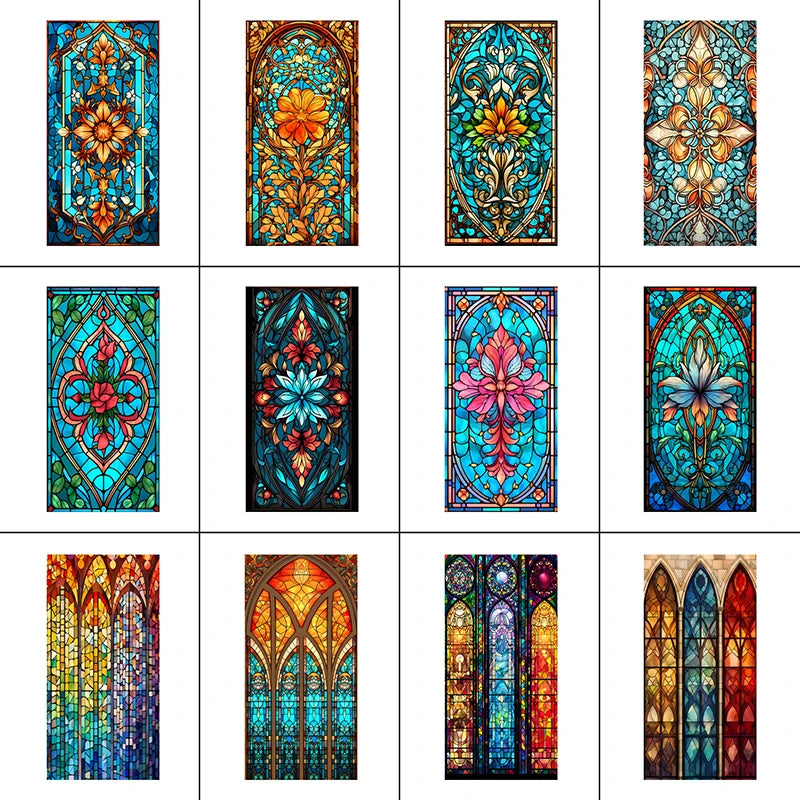 Cathedral-style church stained glass window film with colorful decorative patterns for privacy and home décor.