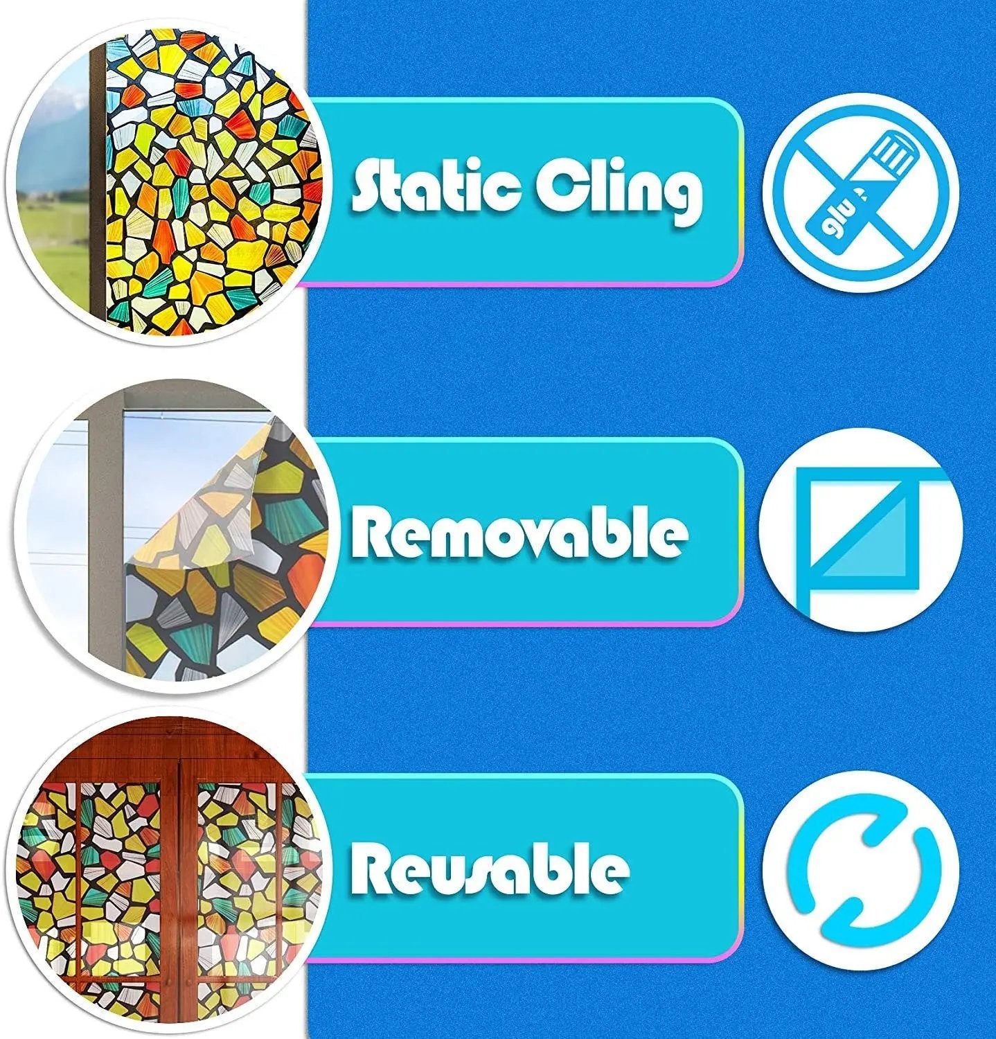 Stained Glass Privacy Window Film, Privacy Door Static Cling Decal, Decorative Adhesive Film, Removable Window Sticker, Glass Vinyl for Home - IconiQa