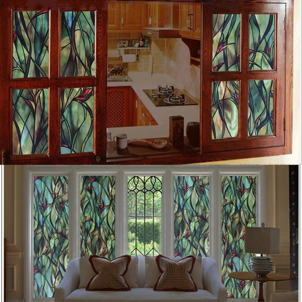 Green Leafy Flower Pattern Privacy Window Film, Non Sticky Static Cling Adhesive, Reusable Glass Sticker for Anti UV Heat Control Decal - IconiQa
