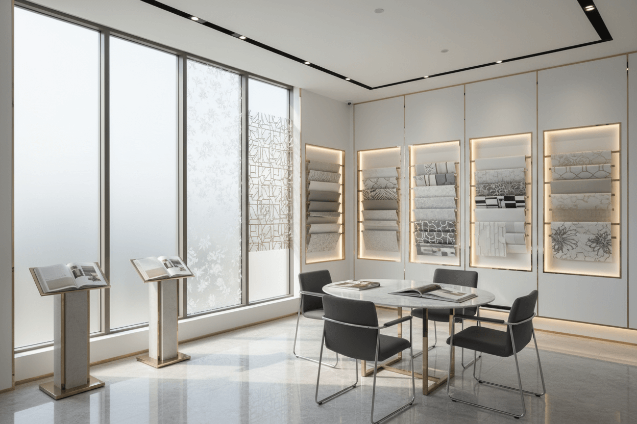 Modern office space with large windows having windwo films, a round table, and chairs.