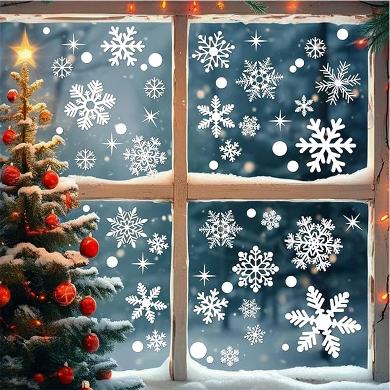 Decorative window with snowflakes and a Christmas tree, featuring a snowy outdoor scene.